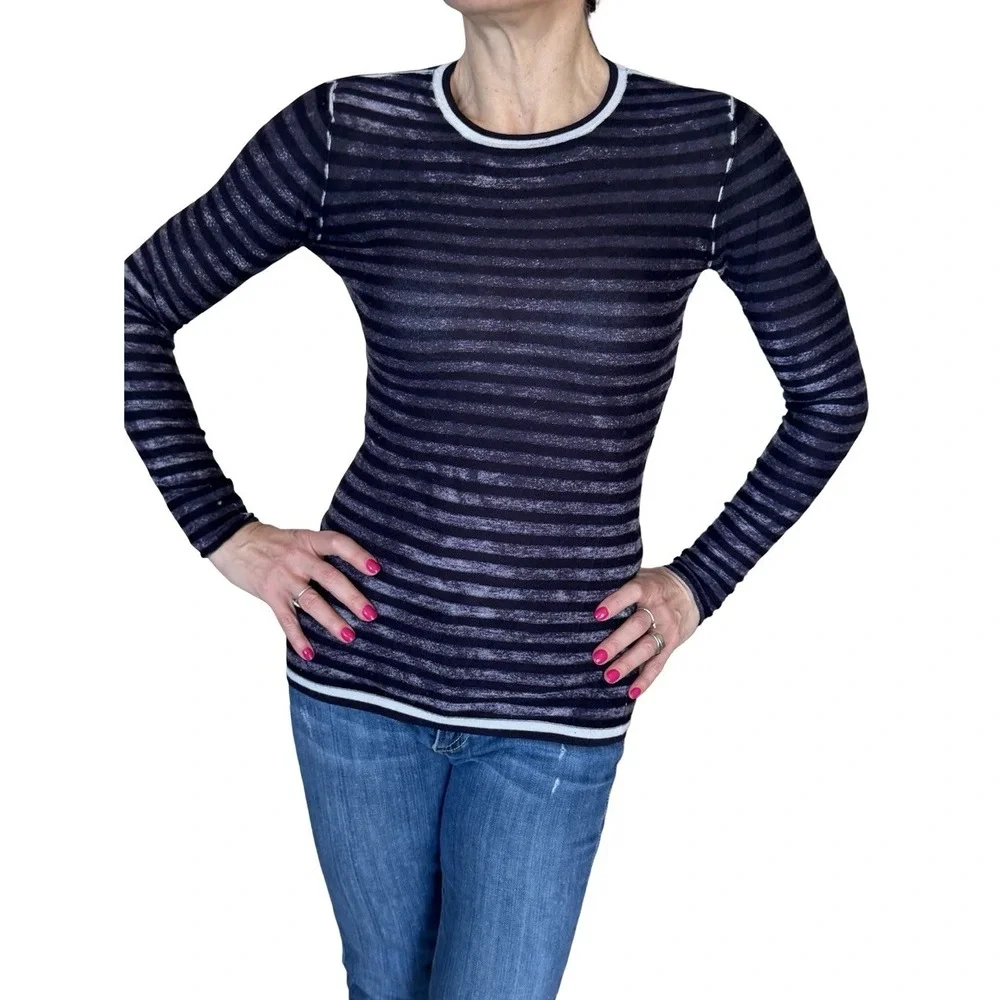 Kokun Sweater‎ Top Crew Neck Long Sleeve Purple Stripe Cashmere Bamboo Slim  XS